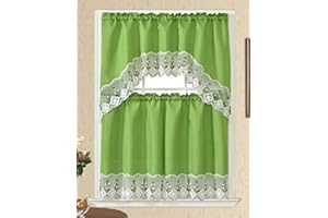 GOHD GOLDEN OCEAN HOME DECOR GOHD Blossom in Snow Kitchen Tiers Curtain, 3PCS Kitchen Curtains and Valances Set, Apple Green Fabric with Matching Color Embroidery and White Lace. (Apple Green, Swag and 36 inches Tiers Set)