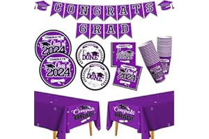 MOORAY Graduation Party Supplies 2024 Graduation Party decorations Dinnerware Set Purple Disposable Paper Plates Napkins Cups Tablecloth Banner for Congrats Grad Party Decorations, Serve 25
