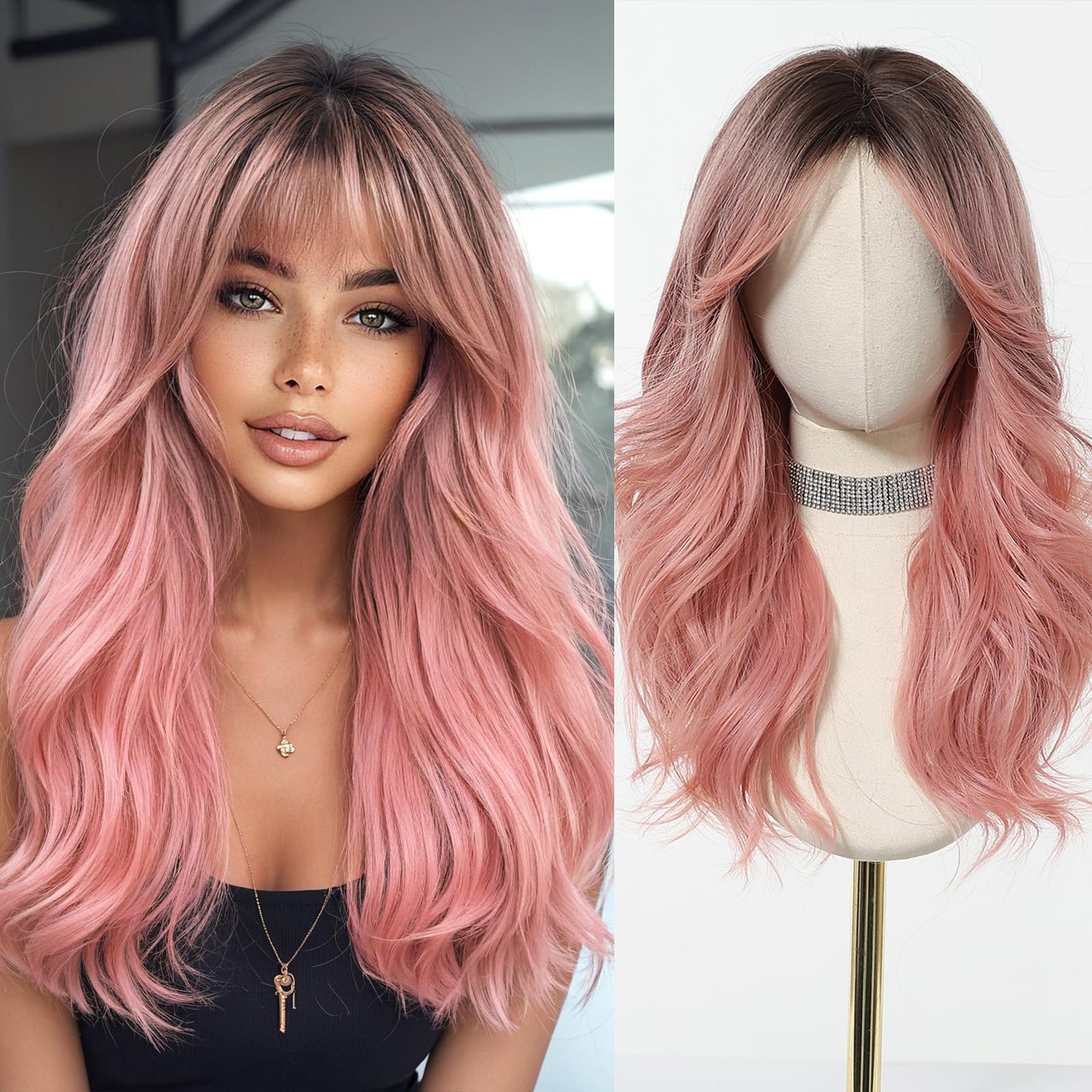 Esmee Long Wave Ombre Pink Wig for Women with Curtain Bangs Natural Synthetic Hair Wigs for Daily Party Use — image 1