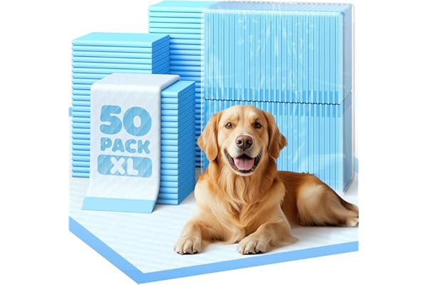 Powools 50-Pack X-Larg Puppy Pads - 34" x 28" Extra Large Pee Pads for Dogs with 6-Layer Leakproof Protection, Quick-Dry and
