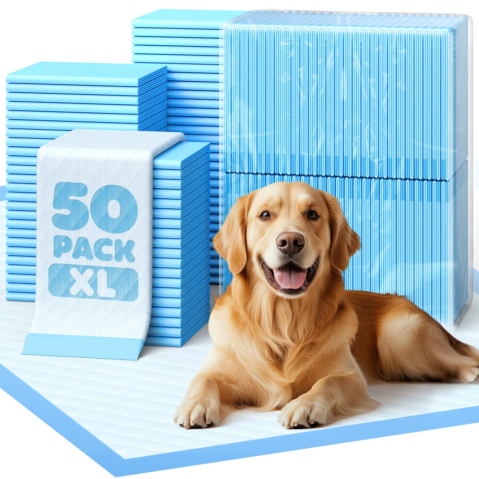 Photo 1 of 50-Pack X-Larg Puppy Pads - 34" x 28" Extra Large Pee Pads for Dogs with 6-Layer Leakproof Protection, Quick-Dry and Disposable Dog Pads with High Absorbency for Easy Potty Training