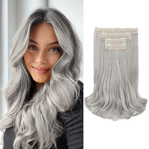 REECHO Clip-in Hair Extensions, 4PCS Lace Weft, 14" Short Wavy, Invisible, Natural Soft Hairpieces, Silver Grey