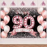 Happy 90th Birthday Rose Gold Banner Backdrop Cheers to 90 Years Old Confetti Balloons Theme Decor Decorations for Women 90 Years Old Pink Birthday Party Bday Supplies Background Favors Gift Glitter