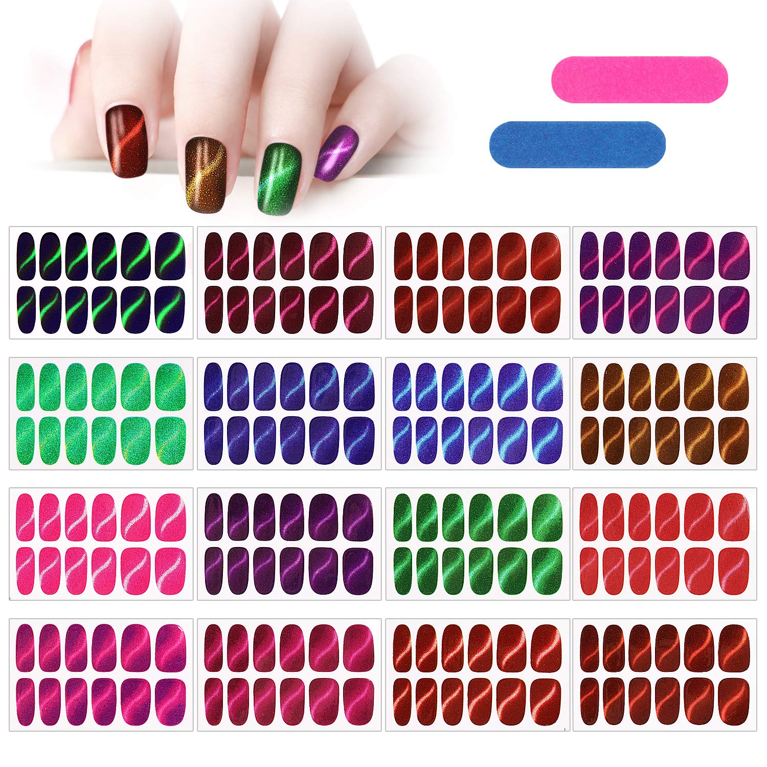 MWOOT 16 Sheets Full Wraps Nail Stickers,Self-Adhesive Nail Polish Stickers Strips S Pattern Cat Eye Glittery Nail Art Designs Kits with Nail File
