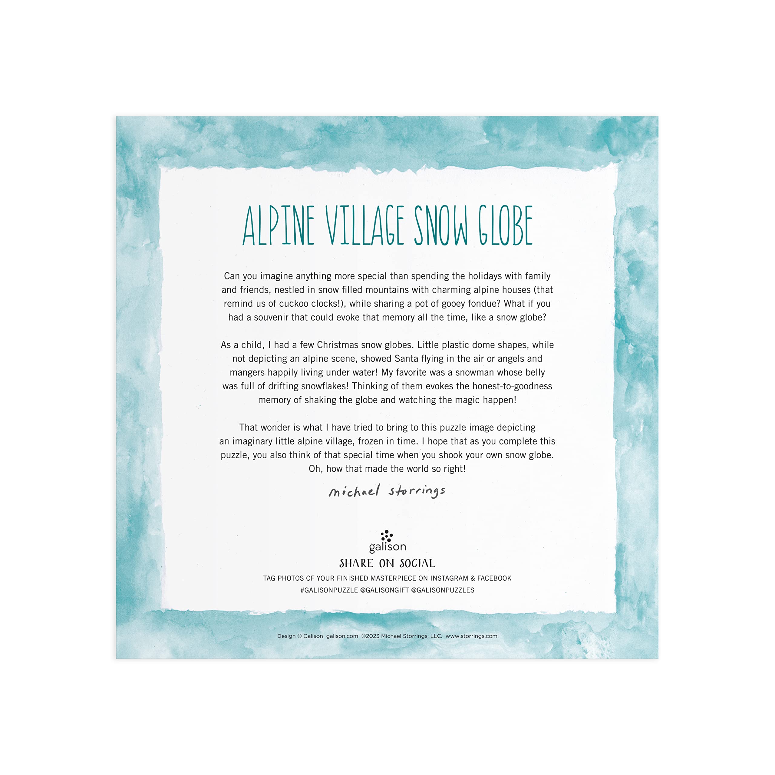 Galison Michael Storrings Alpine Village Snow Globe – 500 Piece Foil Puzzle of Christmas Snow Filled Mountains Artwork with Gold Foil Accents