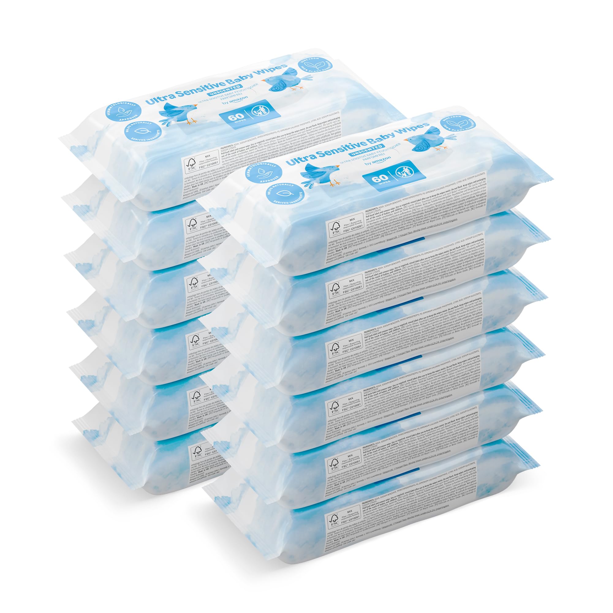 by Amazon Ultrasensitive Babyfeuchttücher, 100% pflanzliche Fasern, 99% Wasser, 720 Tücher, Unparfümiert, 12 Packungen à 60 Stück