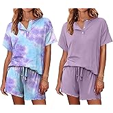 Ekouaer 2 Pack Womens Pajama Sets Short Sleeve Top with Shorts Soft Comfy Loungewear Sleepwear S-XXL