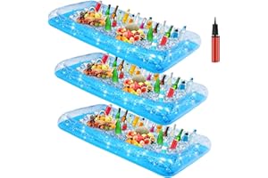 Glimin 3 Pcs Inflatable Serving Bar Salad Ice Tray Food Drink Candy Buffet Containers Picnic Pool Inflatable Cooler with a Drain Plug and a Hand Pump, 53 x 23.6 x 4.7 Inch(Blue)