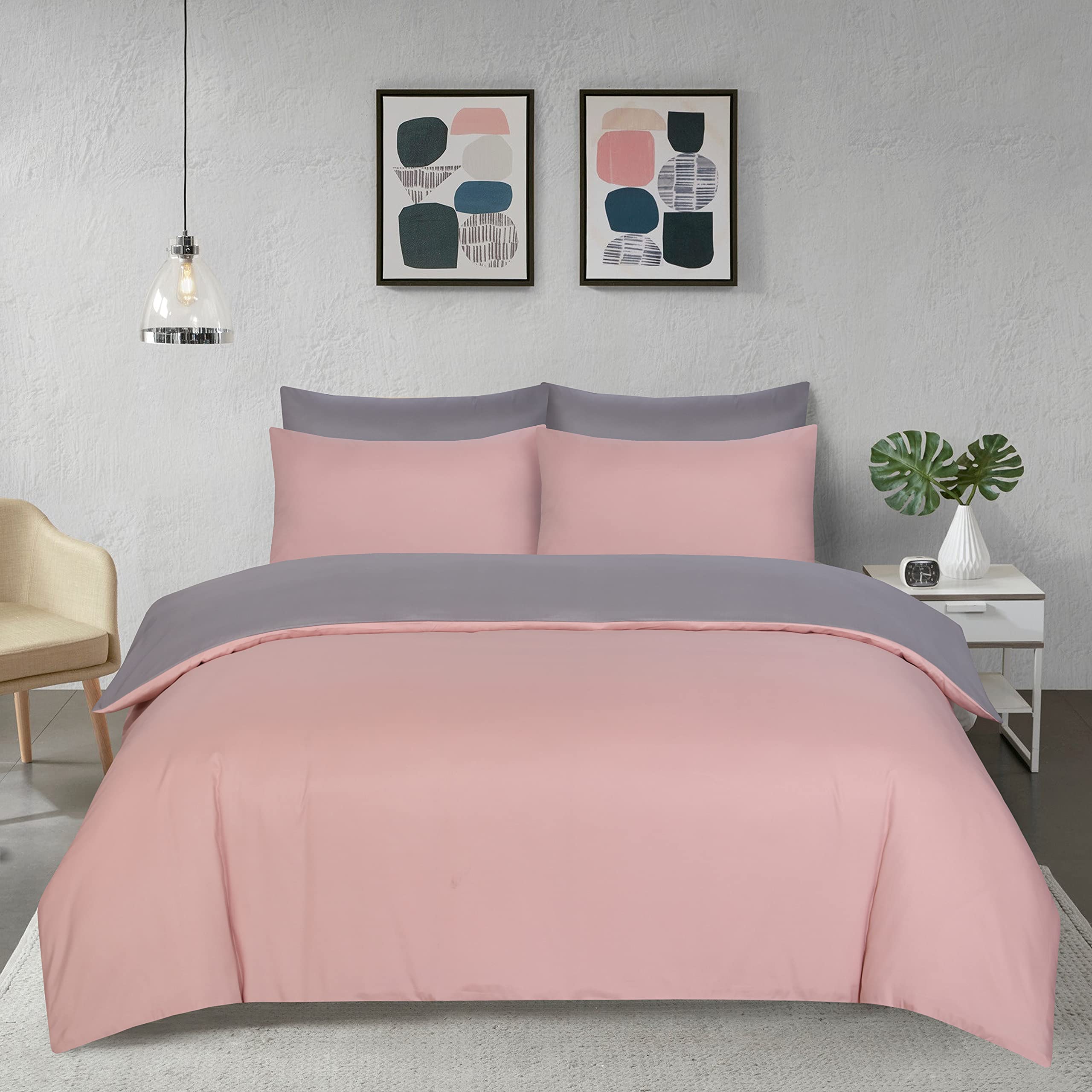 APEX FURNISHINGS Double Duvet Cover Sets - 100% Brushed Microfiber Bedding Quilt Cover with Pillowcases - Pink/Grey — image 1