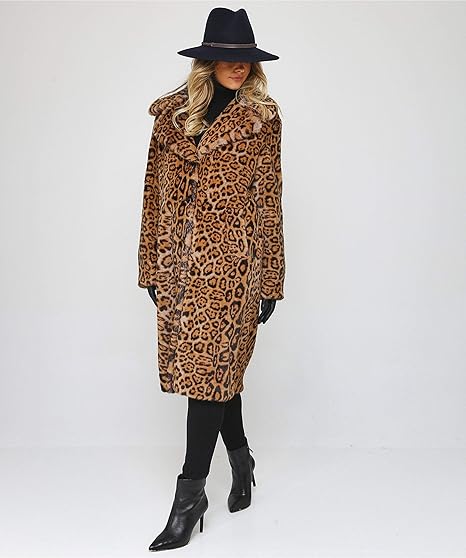 Style leopard print faux fur material long coat