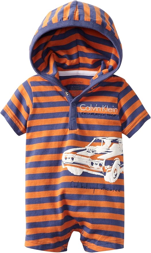 Calvin Klein Babyboys Newborn Hooded Stripe Romper, Orange