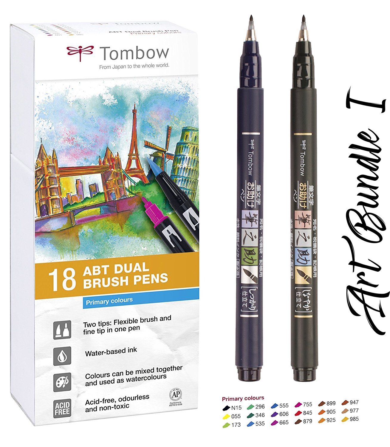 Fibre-Tipped Pens (Secondary Colours) Double-ended Fibre-tip Pen + Brush Pen in one. 18 Tombow Fude Brush Pens Hard + Soft | for Watercolours, Water-Based, Non-toxic, Acid-free and Odour Free
