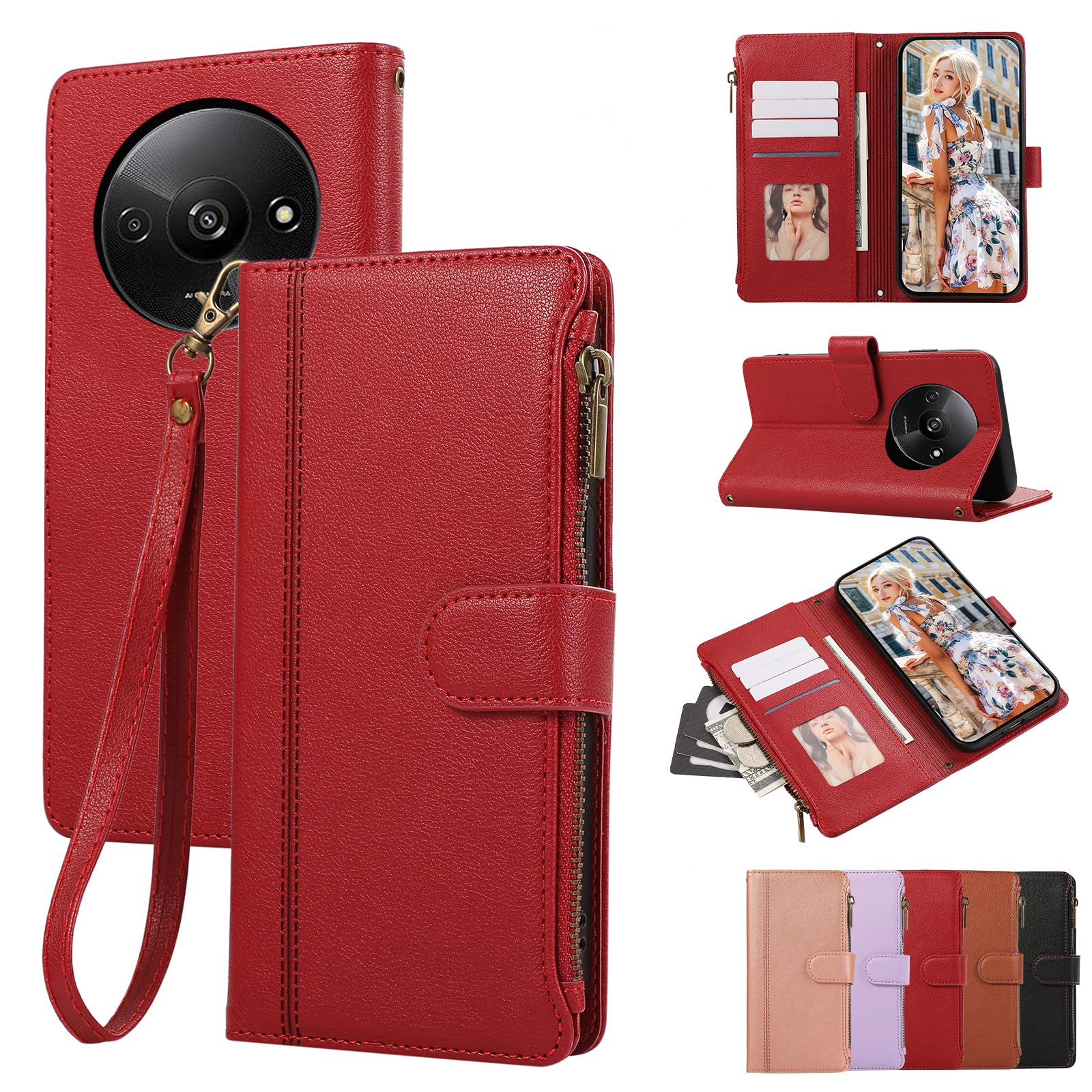 Rosbtib Case for Xiaomi Redmi A3 4G Leather Case Zip Magnetic Closure Wallet Case with 4 Card Slots Stand Function Retro Cover Redmi A3 4G, Red