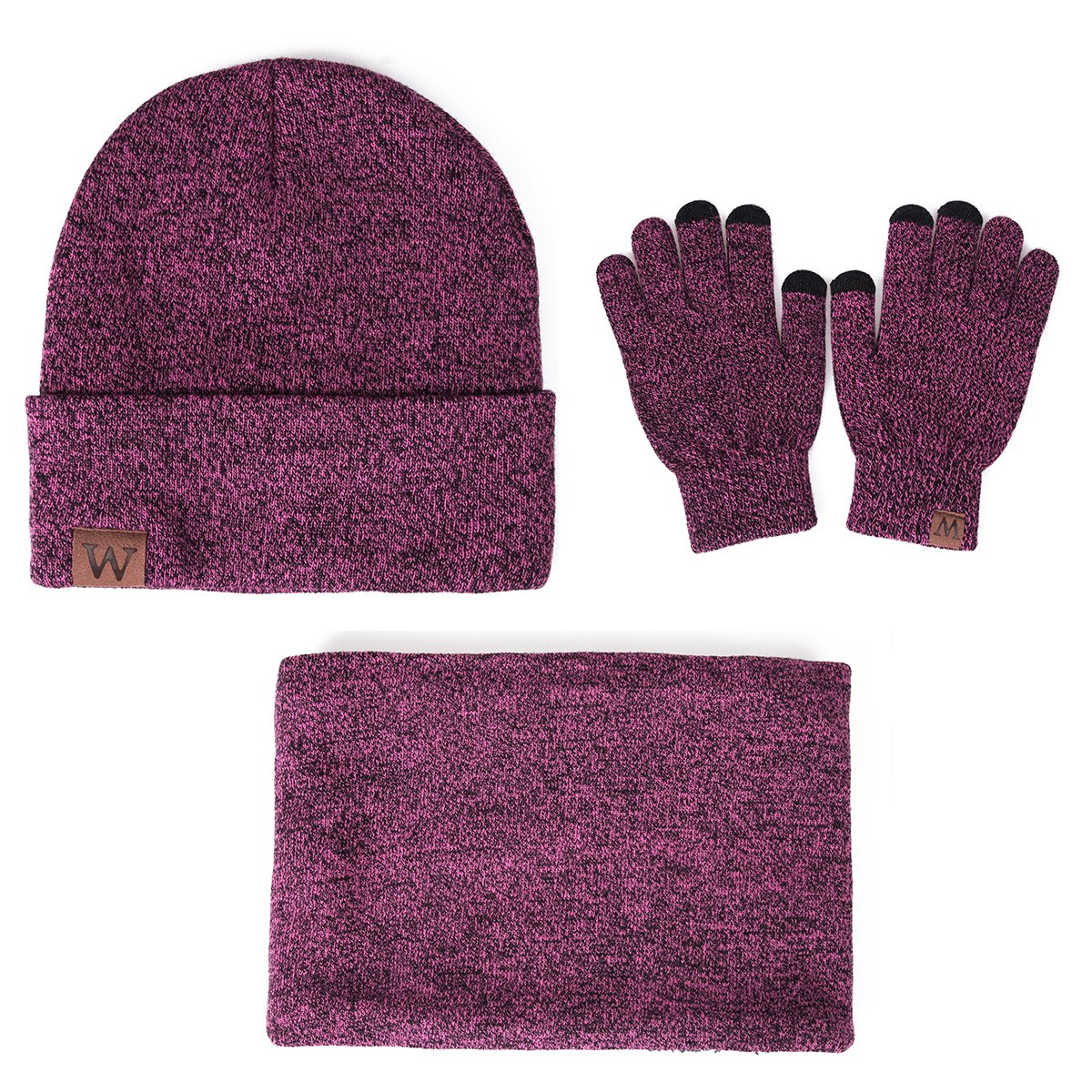 EVRFELAN Winter Warm Hat Beanie thick infinity Scarf Smart Touch screen Texting Gloves (Rose Red)