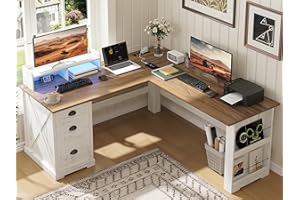 FREDEES L Shaped Desk with Movable Stand and Led Lights, 59 inch Farmhouse Home Office Desk with File Drawer, Corner Computer Desk with Power Outlets, Executive Desk for Working,Gaming-Antique White