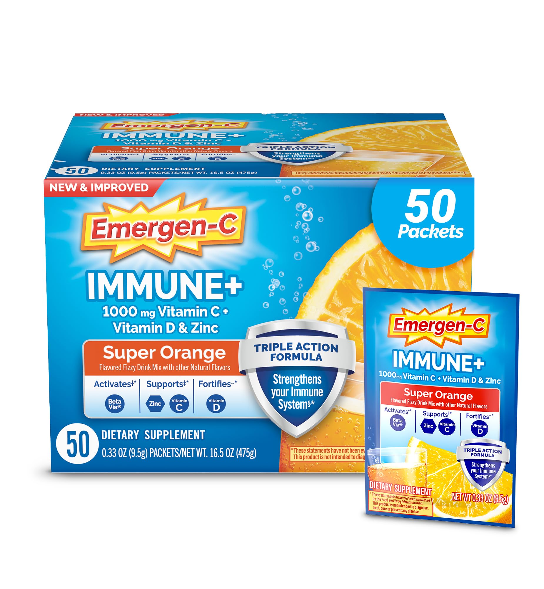 Emergen-C Immune+ Triple Action Immune Support Powder, BetaVia (R), 1000mg Vitamin C, B Vitamins, Vitamin D and Antioxidants, Super Orange, Back to School Essentials – 50 Count