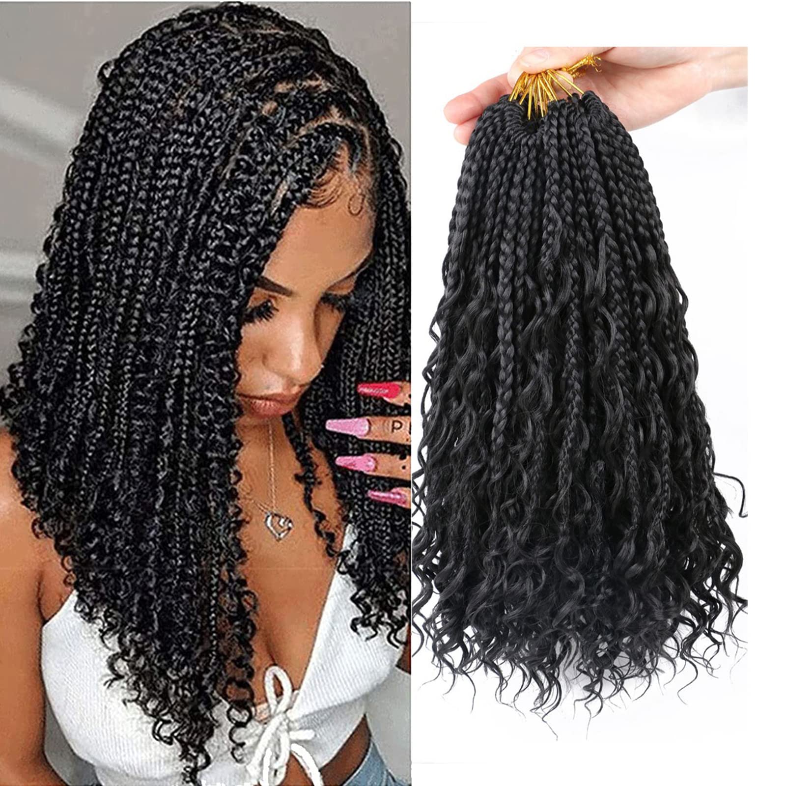 WoWCFyyds 8 Packs Crochet Braids Hair Extensions 14 inch Goddess Box Braids with Curly Ends Synthetic Crochet Hair Extension for Black Women（1B）