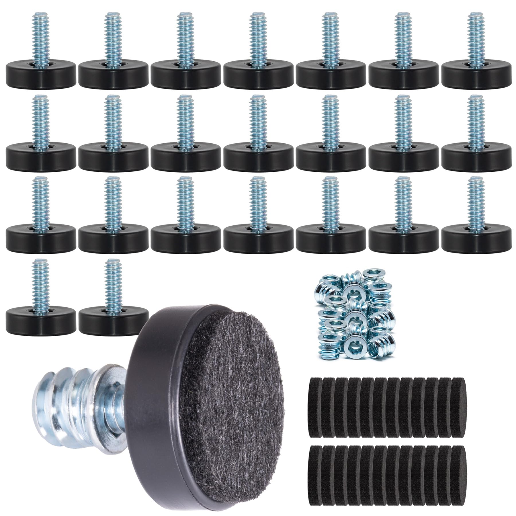 Photo 1 of 24 Pack 1/4"-20 Thread Adjustable Furniture Levelers with Self-Adhesive Felt Pads – 1" Leveling Feet & Floor Protectors for or Light Duty Stationary Furniture Hardwood Tile Laminate Floors