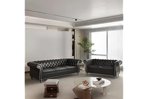 ORRD 2 Pieces Living Room Set, Chesterfield Leather Sofa Loveseat Couch with Scroll Arms and Nailhead for Living Room, Office (Black)