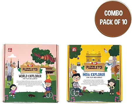 Toiing Puzzletoi Return Gift Combo - Pack of 10 Explorer 3 in 1 Play and Learn Kits (5 India + 5 World)