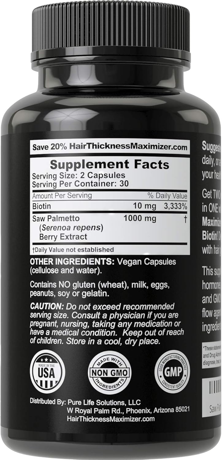 Saw Palmetto + Biotin Advanced 2-in-1 Combo for Hair Growth. Vegan Capsules Supplement with Natural Saw Palmetto Extract + 10000mcg Biotin. Hair Loss and Regrowth Pills for Men and Women. DHT Blocker: Health & Personal Care