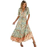 R.Vivimos Womens Summer Cotton Short Sleeve V Neck Floral Print Casual Bohemian Midi Dresses