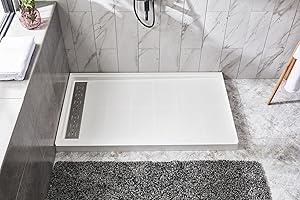 DANMEI WYING Shower Base Pan in White Left Linear Drainer, Rectangular Shower Base 48"×32"×4" with Non-Slip Floor Panel and Stainless Steel Shower Drain Cover
