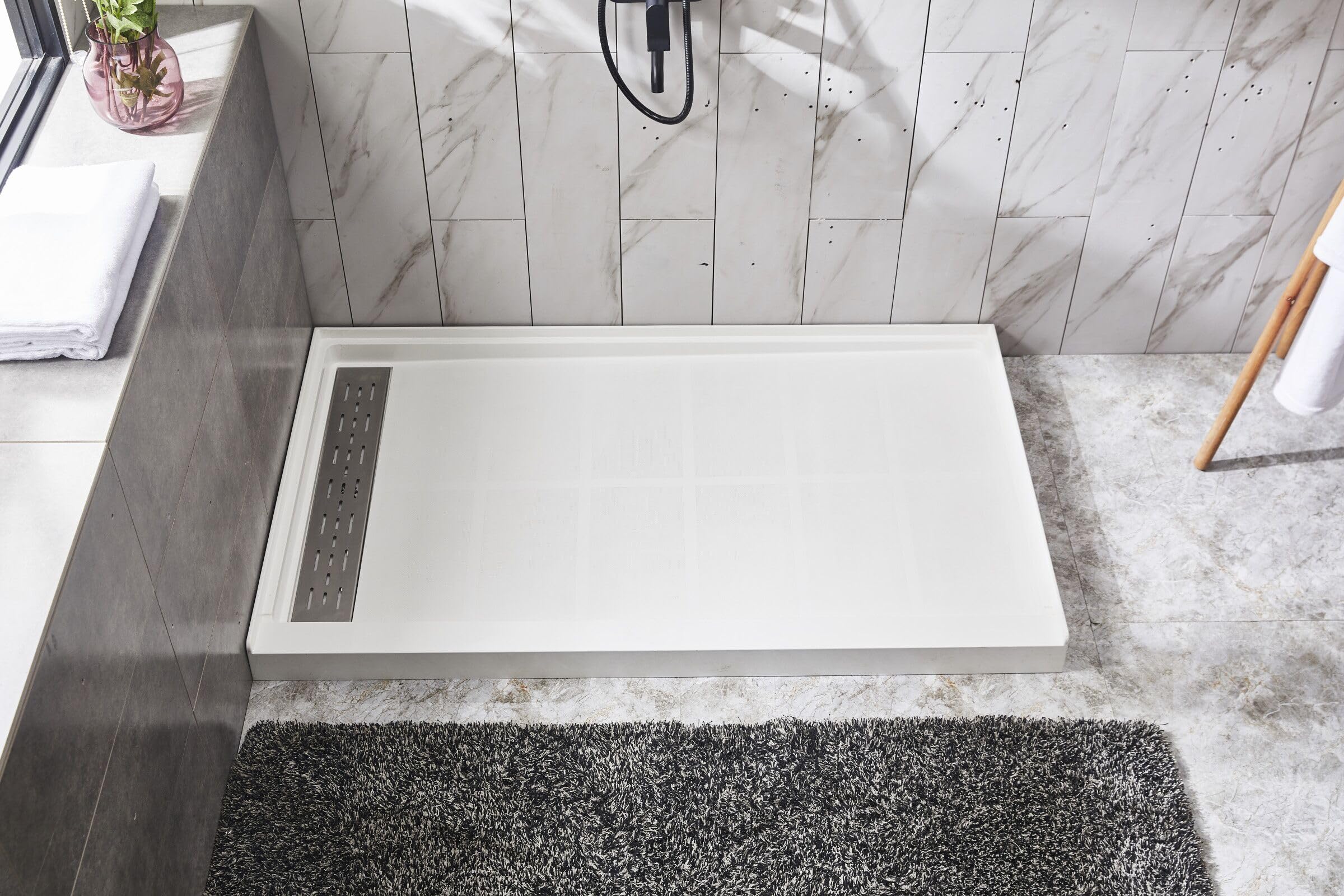 Photo 1 of Shower Base Pan in White Left Linear Drainer, Rectangular Shower Base 60"×32"×4" with Non-Slip Floor Panel and Stainless Steel Shower Drain Cover