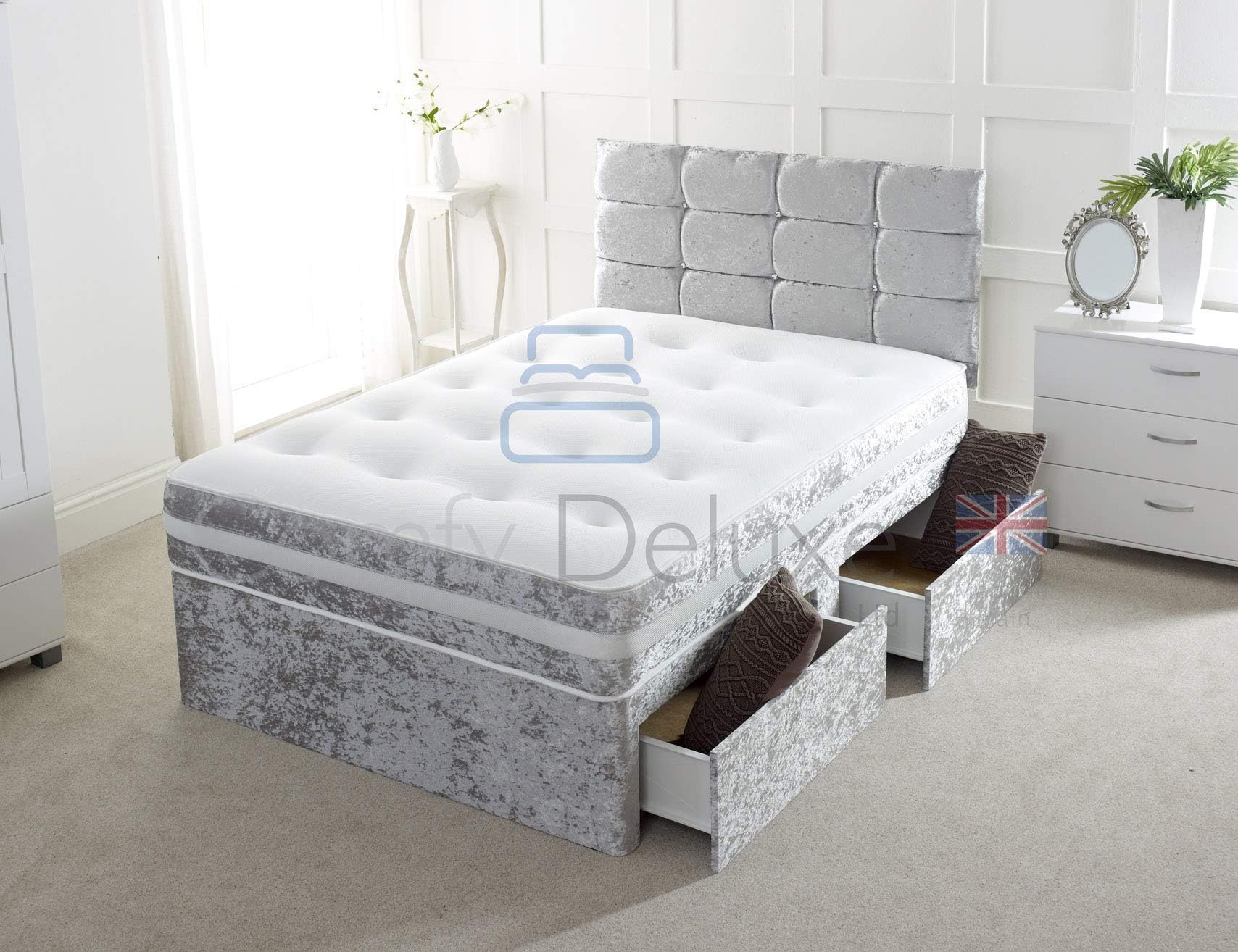 Comfy Deluxe LTD Crushed Velvet DIVAN BED with | MATTRESS | HEADBOARD | STORAGE DRAWERS (3FT O DRAWERS, Silver Crush)