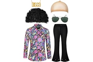 Mepase 6 Pcs Men 70s Disco Costumes Include Retro Shirt Bell Bottom Pants Wig Sunglasses Necklace Wig Cap for Disco Party
