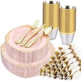 Realluck 350 PCS Pink and Gold Plastic Plates, Plastic Dinnerware Set for 50 Guests, 100 Disposable Plates, 150 Silverwares, 50 Cups, 50 Napkins for Party, Wedding, Graduation