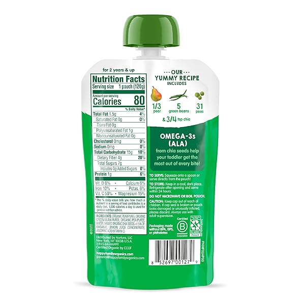 HAPPYTOT ORGANICS STAGE 4 BABY FOOD POUCHES, GLUTEN FREE, VEGAN SNACK, SUPERFOODS FRUIT & VEGGIE PUREE, PEARS, PEAS, GREEN BEANS & CHIA, 4.22 OUNCE (PACK OF 16)