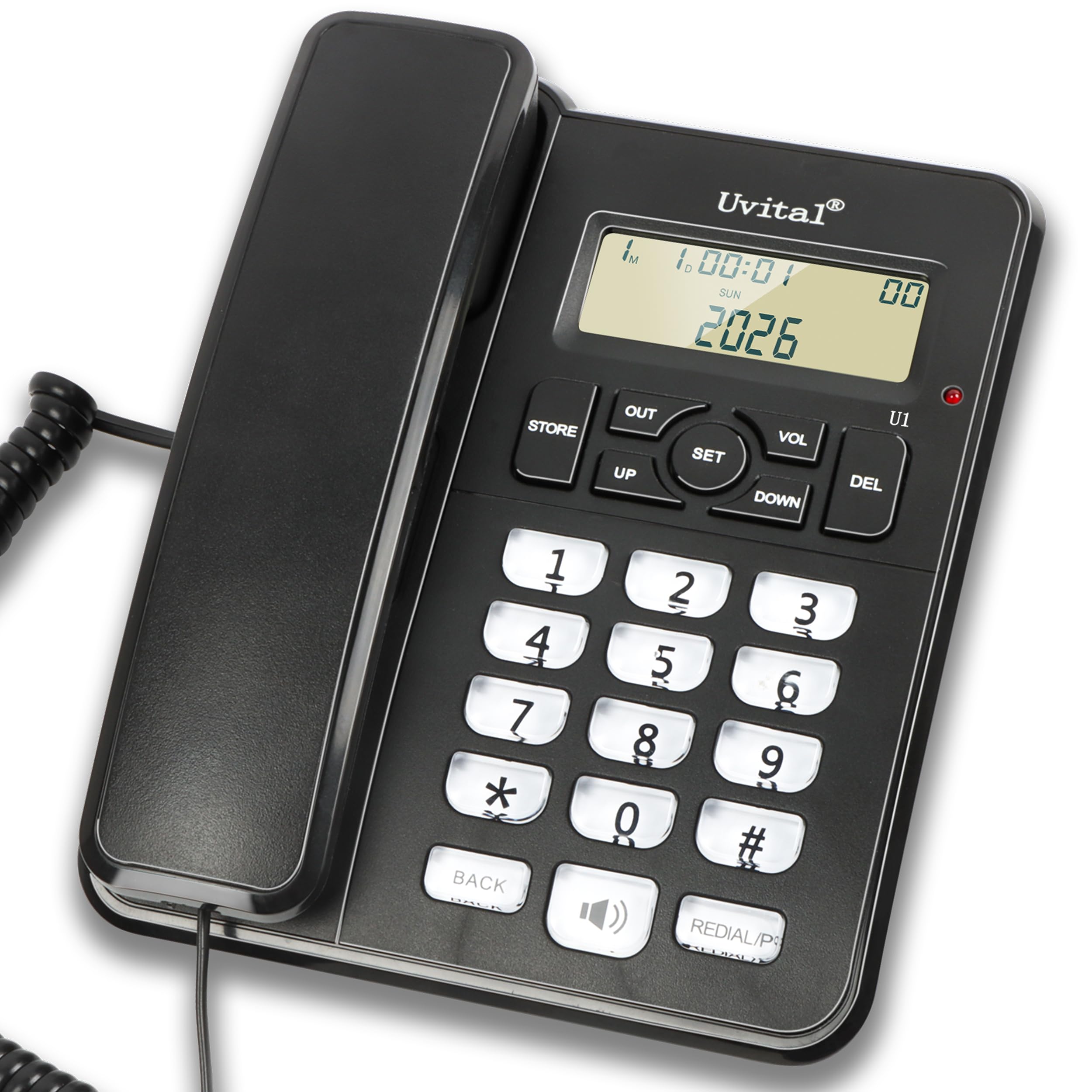Desktop Corded Telephone for Home, Landline Telephone with White Big Buttons, Ringer Volume and Speakerphone Volume Adjustable, Caller Identification, LCD Contrast Adjustable Backlight Display(Black)