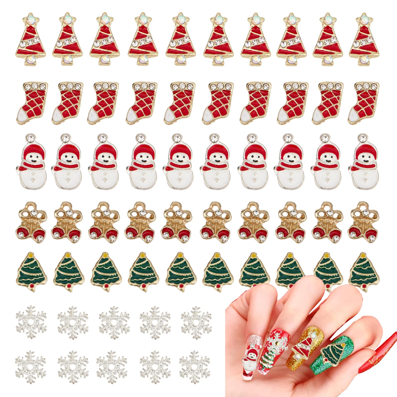 NICENEEDED 60 Pcs Christmas Nail Charms, Santa Claus Snowman Snowflake Nail Art Decorations, Rhinestones Bell Xmas Tree Nail Art Jewels Nail Gems for Nail Art Design DIY Crafting Christmas Party