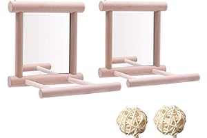 HANZE Bird Mirror Swing with Rattan Ball | Natural Wood Parrot Toy with Metal Hooks for Macaws, Cockatiels, Parakeets, Lovebirds | Safe Chewing & Mental Stimulation - 2 Pack