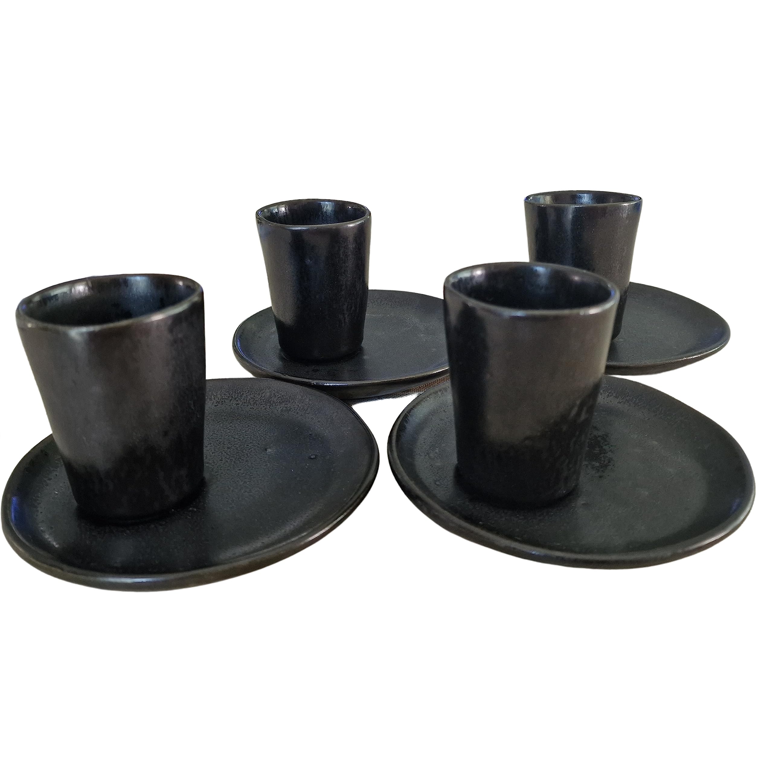 PintoCer - Set Espresso Coffee Cup 60ml Ceramic Gres, Stoneware, Handmade in Portugal, Small, Set of 4 Black Cup, 4 Black Plate.Microwave and Dishwasher Safe GBP£3999GBP£39.99