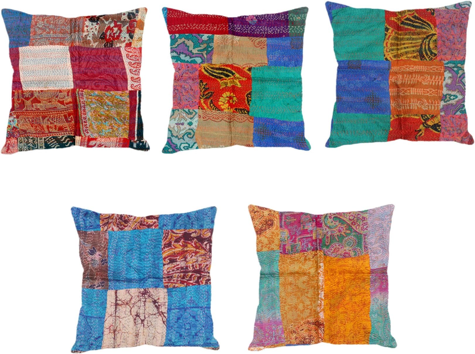 Indistar Set of 5 Throw Pillow Cover | Silk Patchwork Cushion Covers with Traditional Indian Kantha Work | Decorative Cushion Covers, 18 x 18 Inch-93100-485-IW-P5