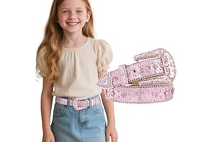JKEEMI Kids Rhinestone Belt for Girls Boys Western Cowboy Cowgirl Belts Diamond Studded Bling Leather Belt for Kids