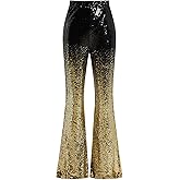 ODIZLI Womens Bell Bottom Sparkle Sequin Flare Pants Elastic High Waisted Bling Glitter Dance Pants