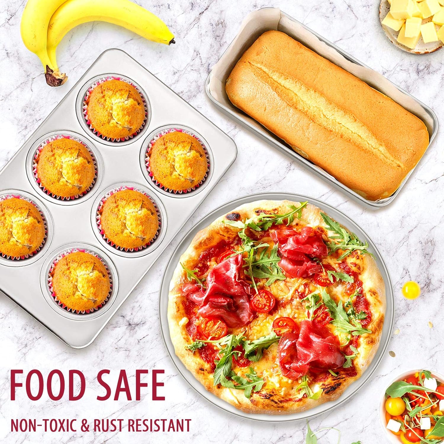 12-Piece Stainless Steel Bakeware Sets, E-far Metal Baking Pan Set Include Round Cake Pans, Square/Rectangle Baking Pans with Lids, Cookie Sheet, Loaf/Muffin/Pizza Pan, Non-toxic & Dishwasher Safe: Kitchen & Dining