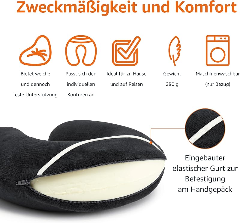Halbkreisförmig Nackenkissen aus Memoryschaumstoff, Schwarz
