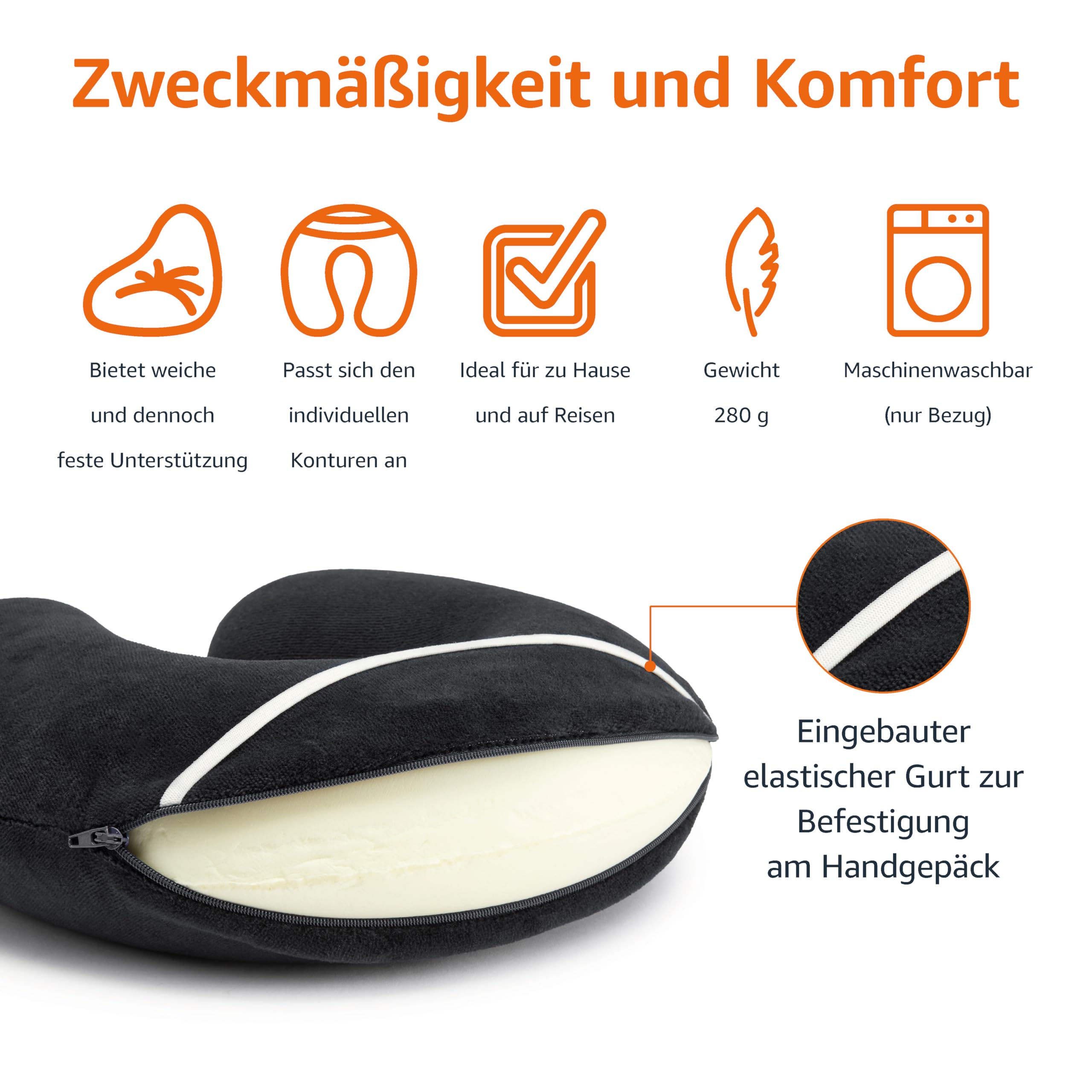 Amazon Basics Halbkreisförmig Nackenkissen aus Memoryschaumstoff, Schwarz 2