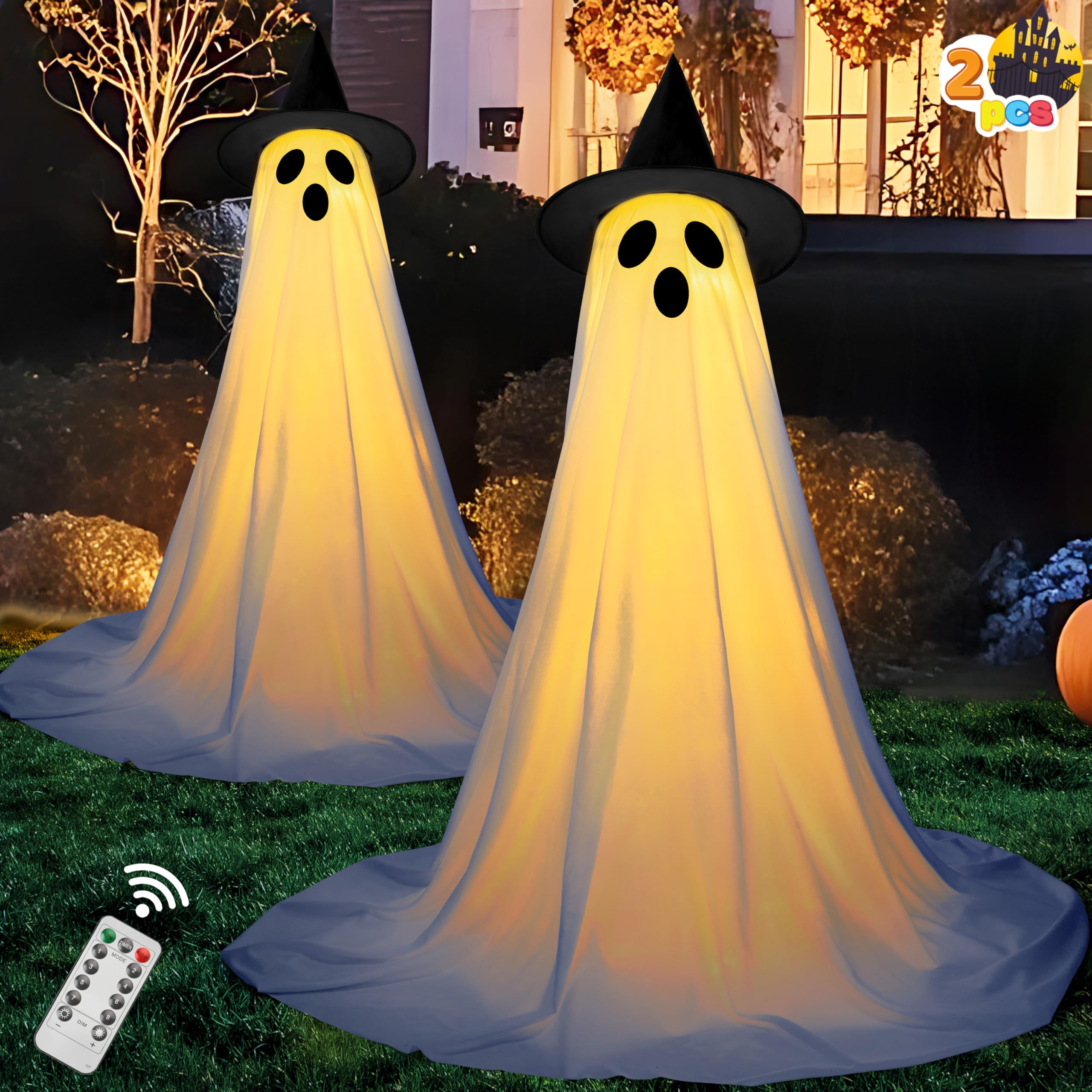 Photo 1 of JOYIN 2 Packs 47'' Halloween Decorations Outdoor Standing Ghost, Light Up Spooky Ghost with Witch Hat & Remote Control, Glowing Halloween Decor for Yard Porch Lawn Garden Party Supplies Haunted House