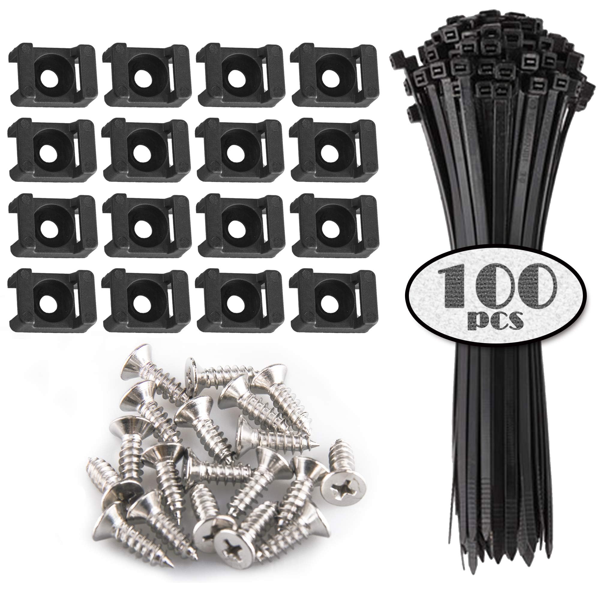 Photo 1 of 100 Pieces Cable Tie Mount Base Saddle Type Mount Wire Holder, 100 PCS Cable Zip Ties with Self-Locking (150 x 3.5mm) and Deep Thread Pan Head Screws (BLACK?