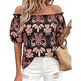 BTFBM Off The Shoulder Spring Tops for Women Summer Blouses Boho Floral Short Sleeve Shirts Dressy Casual Outfits 2026
