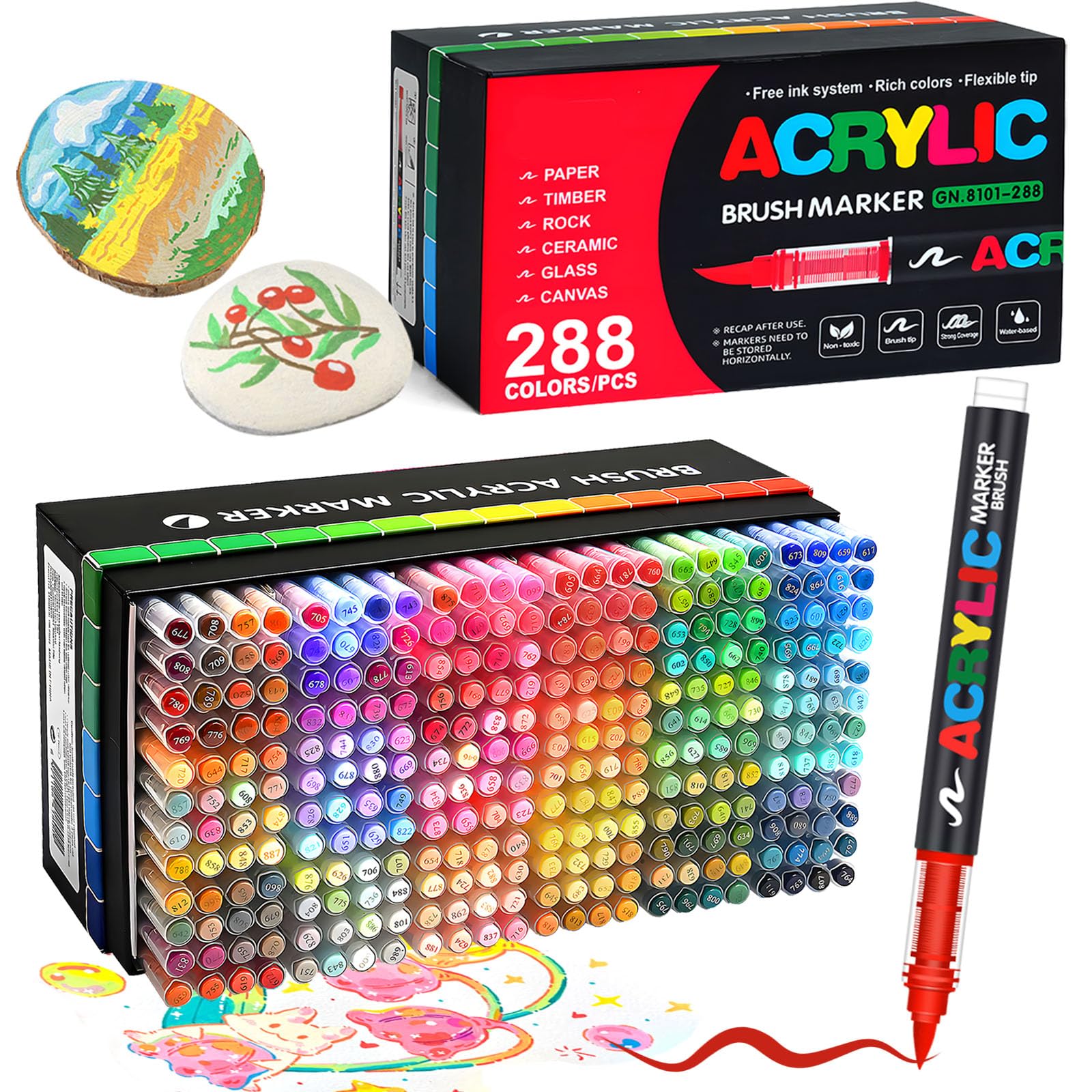 Photo 1 of 288 Colors Soft Brush Tip Acrylic Paint Markers Set, Pens for Rock, Wood, Fabric, Canvas, Glass, DIY Crafts, Waterproof Markers, Vibrant Acrylic Paint Pens for Artists and Art Projects