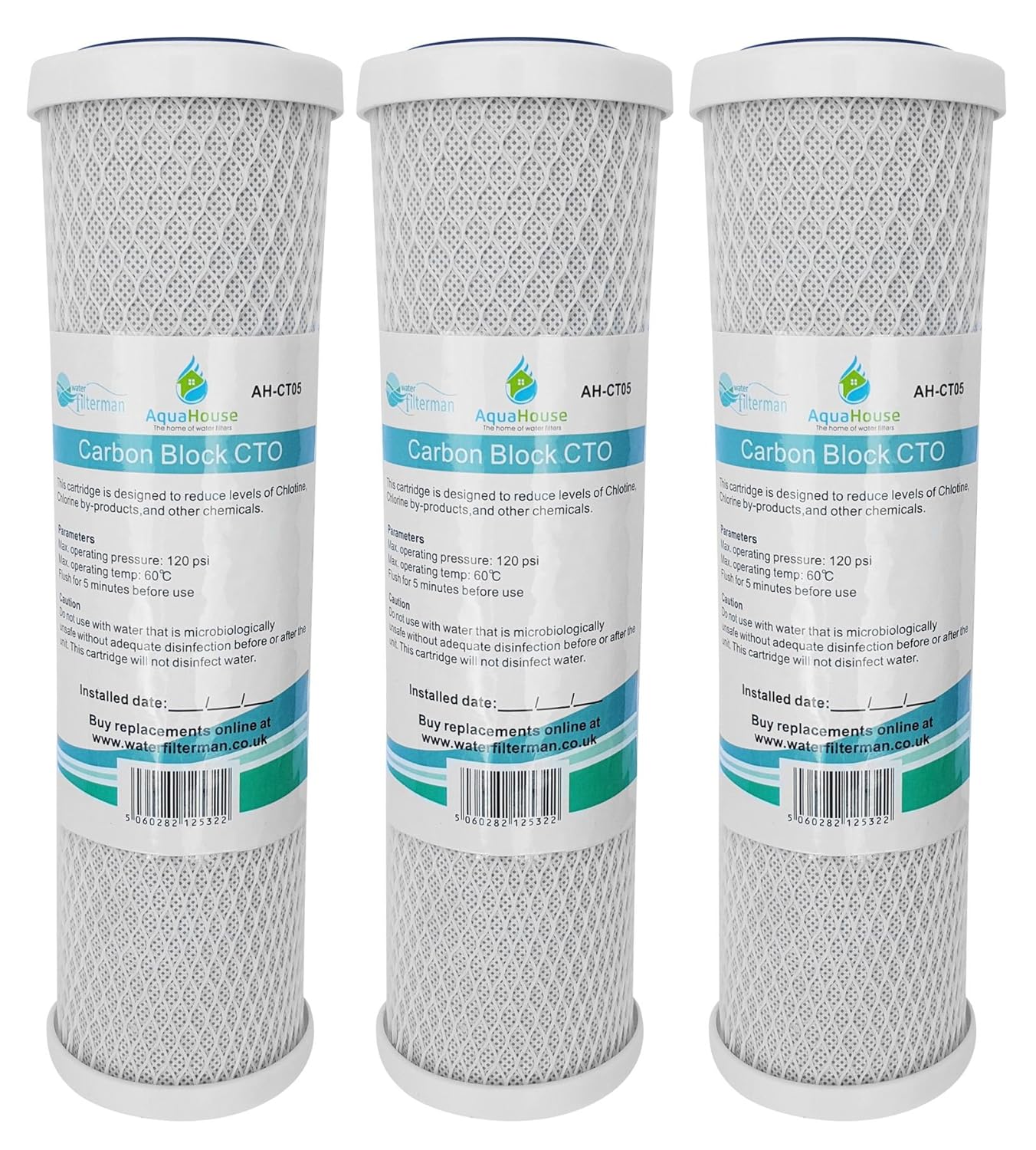 3x AquaHouse 10" Carbon Block CTO Water Filter Cartridges for Drinking Water, Reverse Osmosis