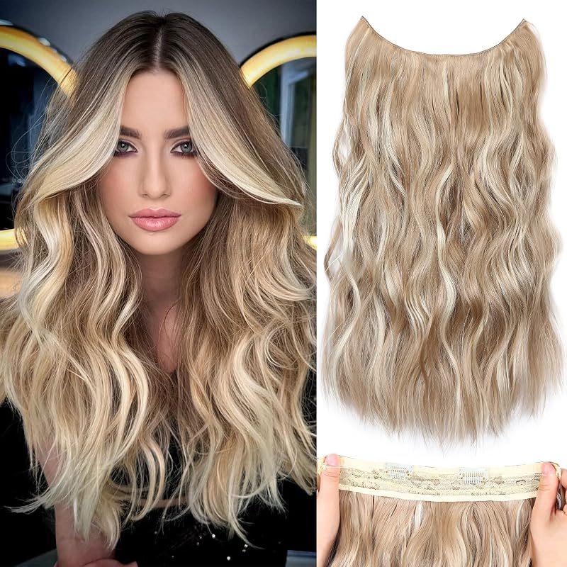 AliLeader Halo Hair Extension Transparent Wire 20 Inch Synthetic Wavy Dark Ash