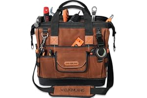 WELKINLAND 22-Pockets Hard Bottom Tool Bag, 14-Inch Waxed Canvas Tools Bag, 25L Heavy Duty Electrician Bags, HVAC Service Bags, Mechanic, Technician Tool Bag