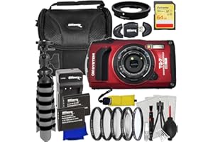 Ultimaxx Advanced OM System Tough TG-7 Digital Camera Bundle (Red) - Includes: 64GB Extreme Memory Card, 2X Replacement Batte